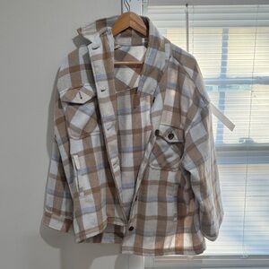 Cozy Plaid Shacket in Cream, Tan & Light Blue